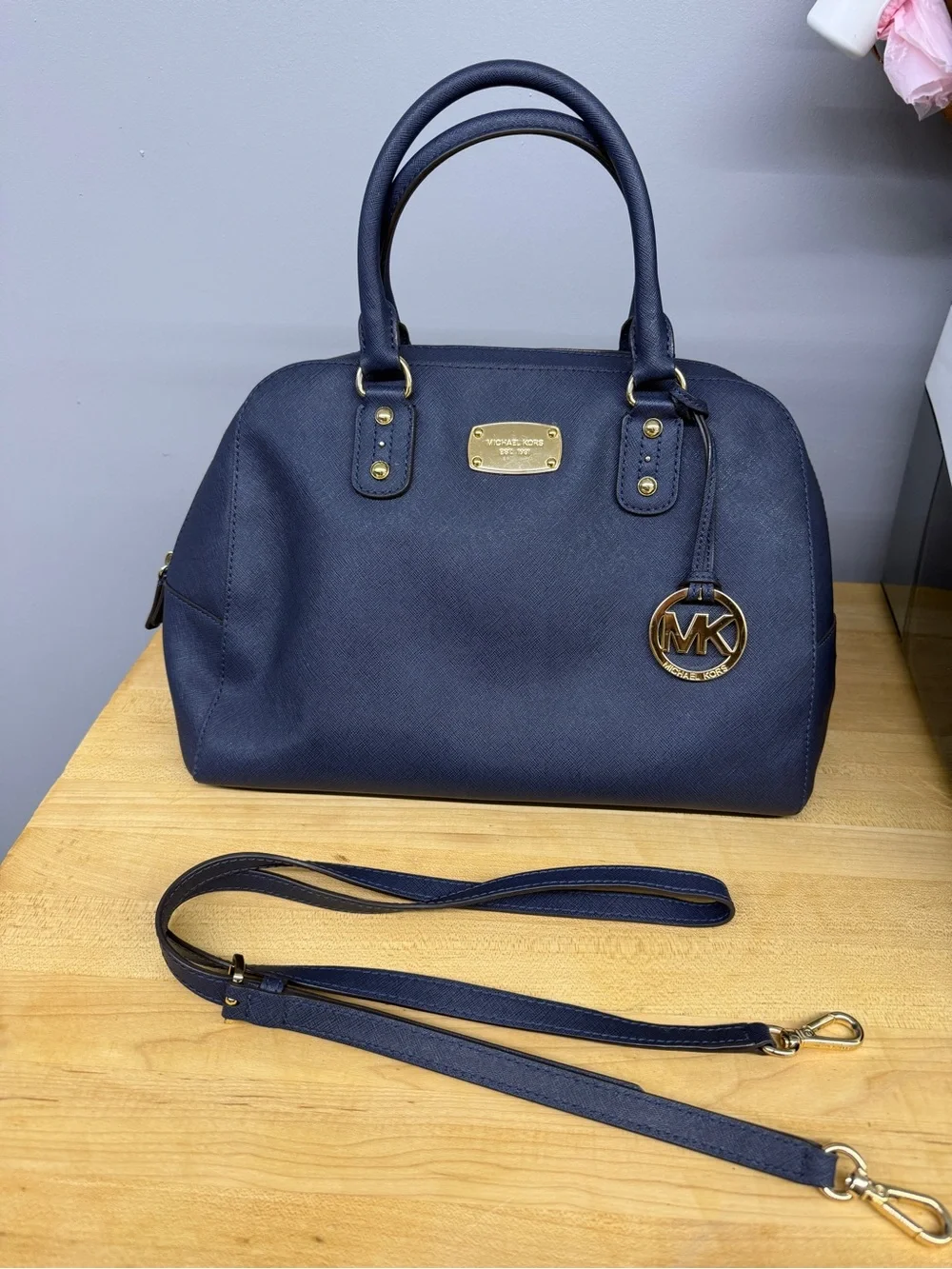 Michael Kors Navy Saffiano Satchel with Gold Hardware
